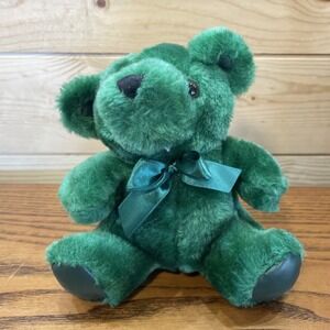 Vintage Green Plush Teddy Bear 7" With Bow Plush Toy Plush In A Rush Texas